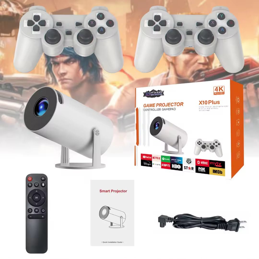 X10+ 4K Android + Gaming Projector with Dual Joysticks – Home Cinema & Gaming Experience